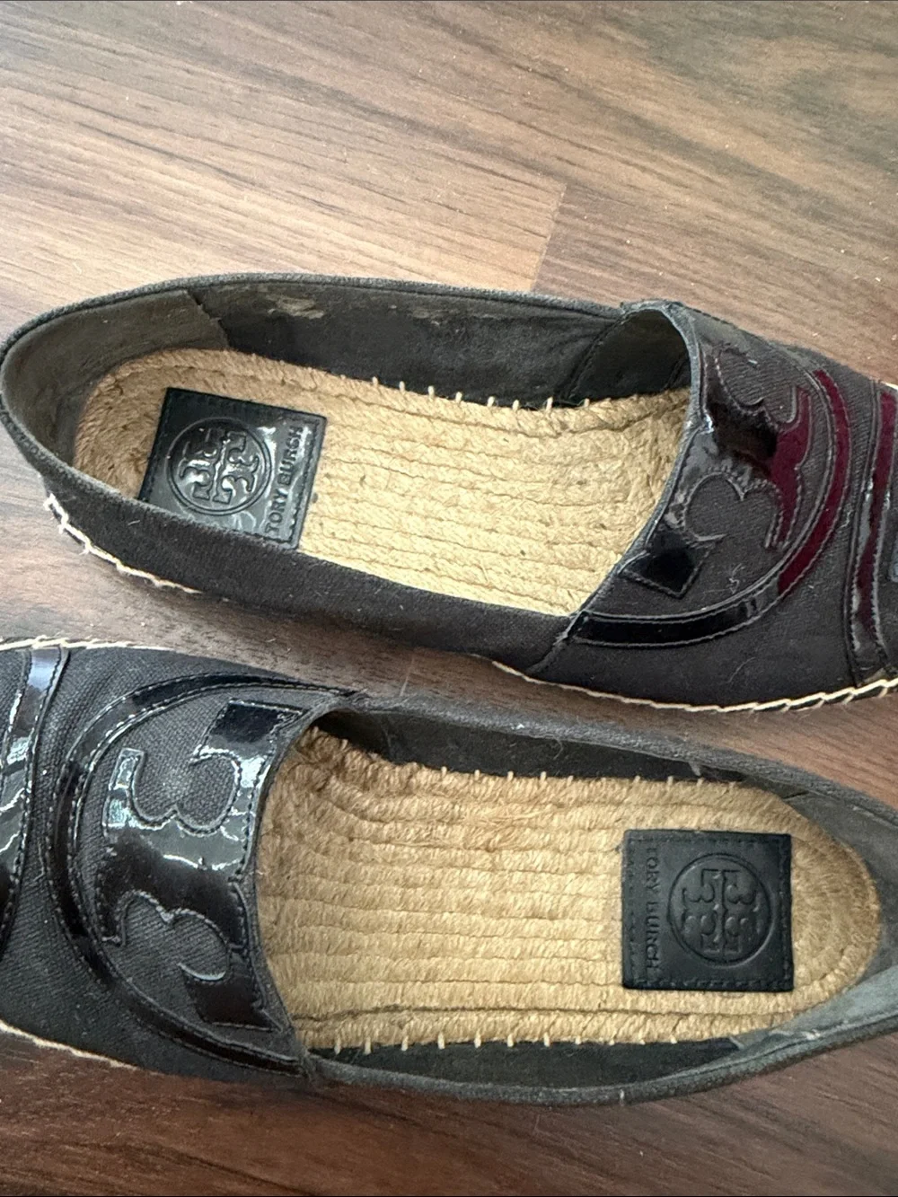 Tory Burch Black Espadrille Slip-On Flats with Patent Logo